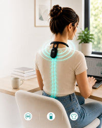 Woman using a back device at a desk with a computer, in a home office setting.